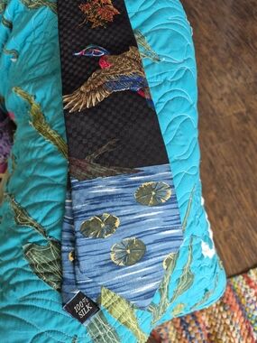 Embroidered Waterfowl Silk Tie with Lily Pad Motif